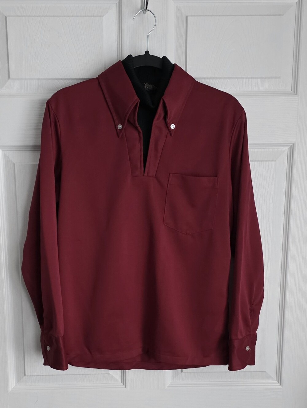 Vintage 70s Kingsport Layered Faux Turtleneck Polo Shirt Burgundy Mod Disco Med